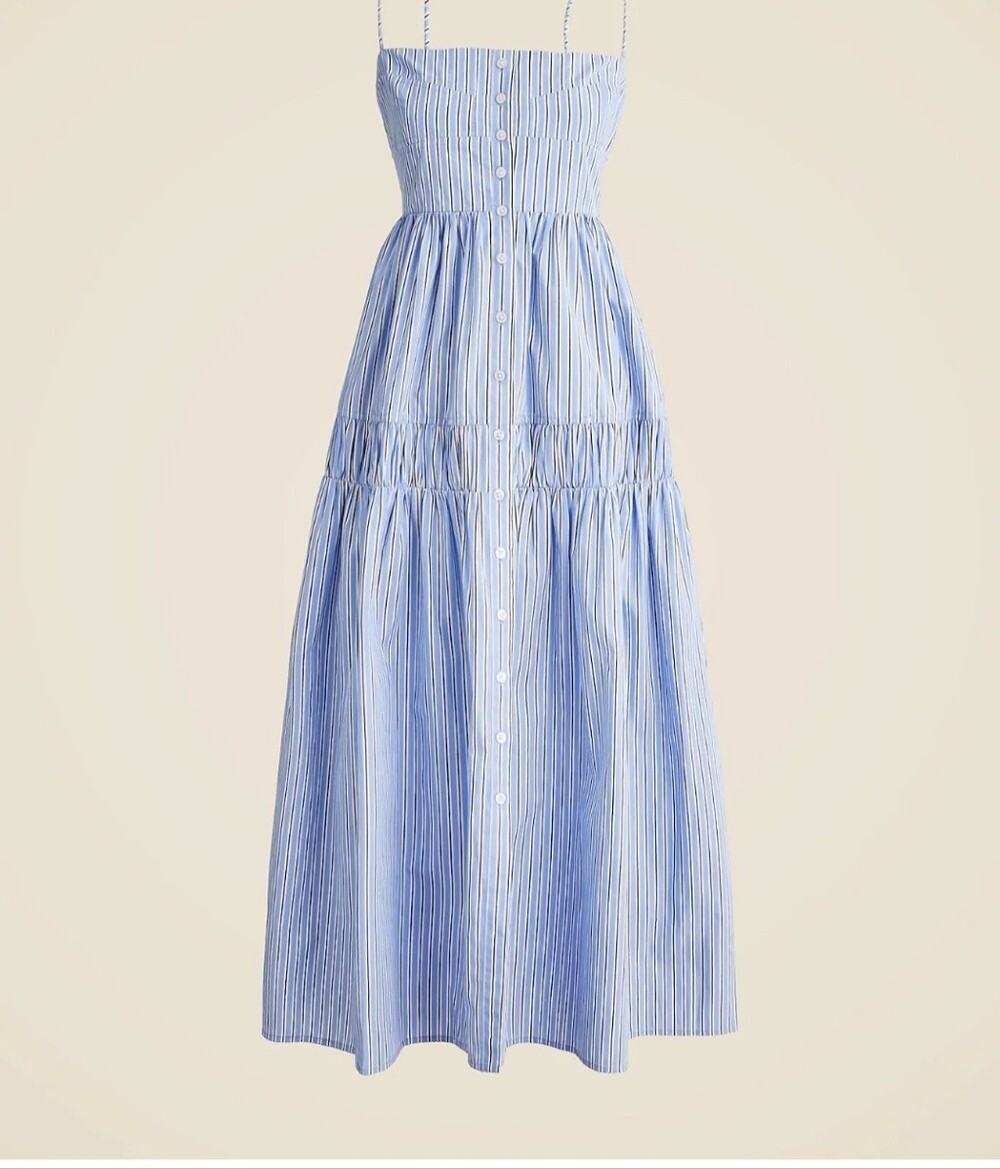 J. Crew Blue and White Stripe A-line Tiered Maxi Dress Regenerative Cotton NwT